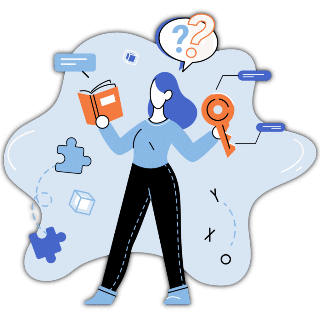 Illustration: Frau mit Fragen, Buch und Schlüssel, symbolisch für Zuhören und Verstehen