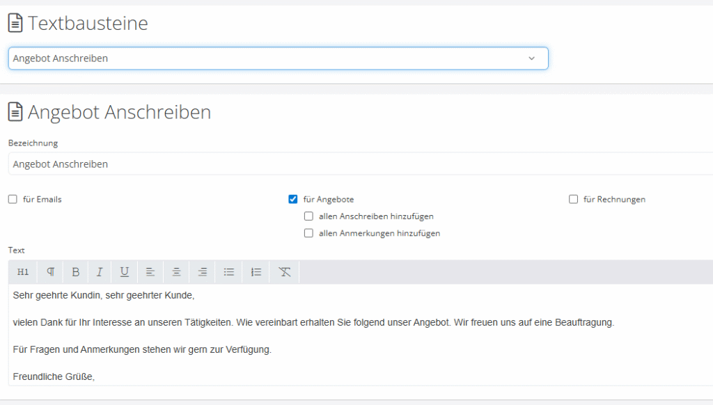 Produktbild der Handwerkersoftware das programm: Textbausteine